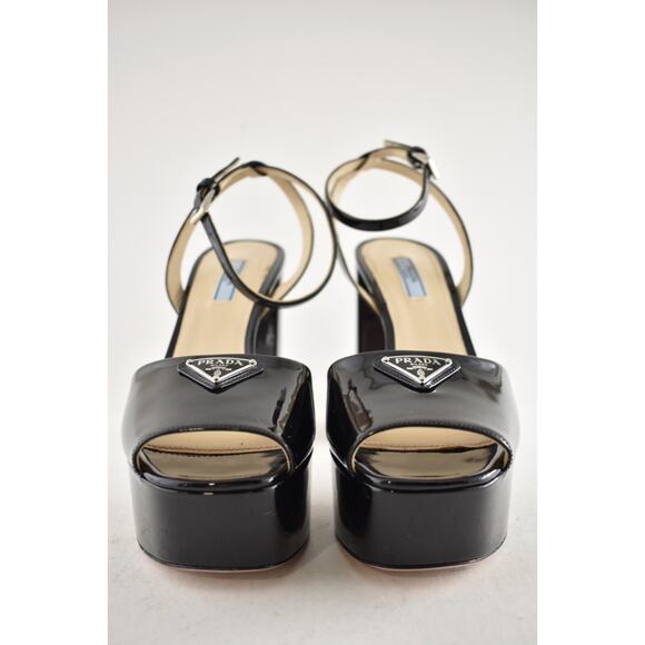 Prada 115 Black Patent Leather Platform Sandal Ankle Strap Block Heel Pump 40 - Picture 7 of 16